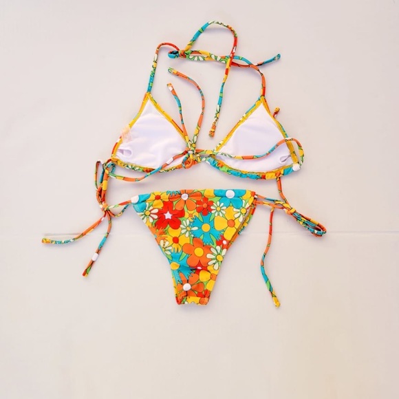Women's Allover Floral Print String Triangle Halter 2 Piece Bikini Swimsuit  S - Picture 5 of 9